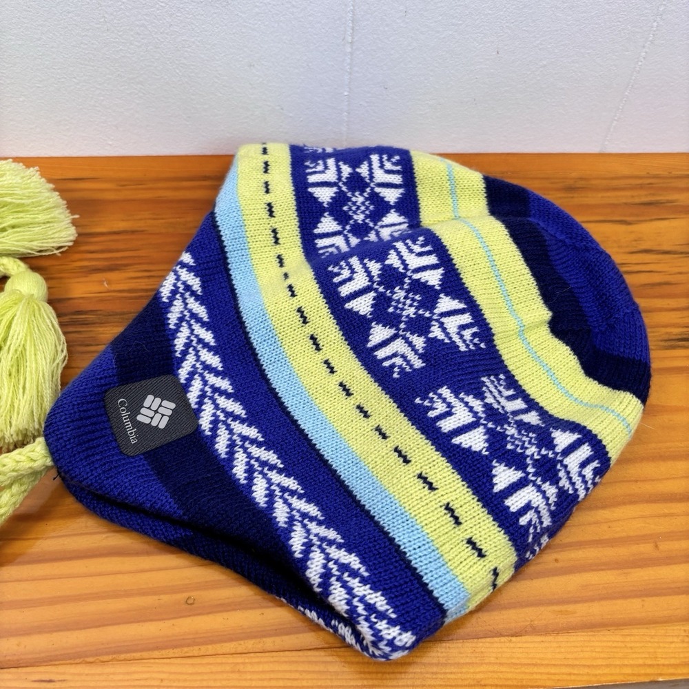 COLUMBIA Blue‎ Yellow Green Knit Ear Flaps with Tassels Fleece Lined One Size